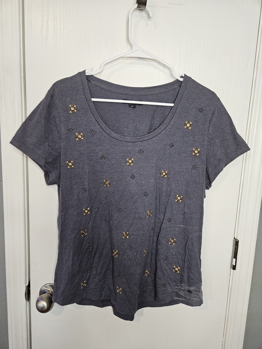 Tommy Hilfiger Blue Scoop Neck Tee with Gold Stud Accents